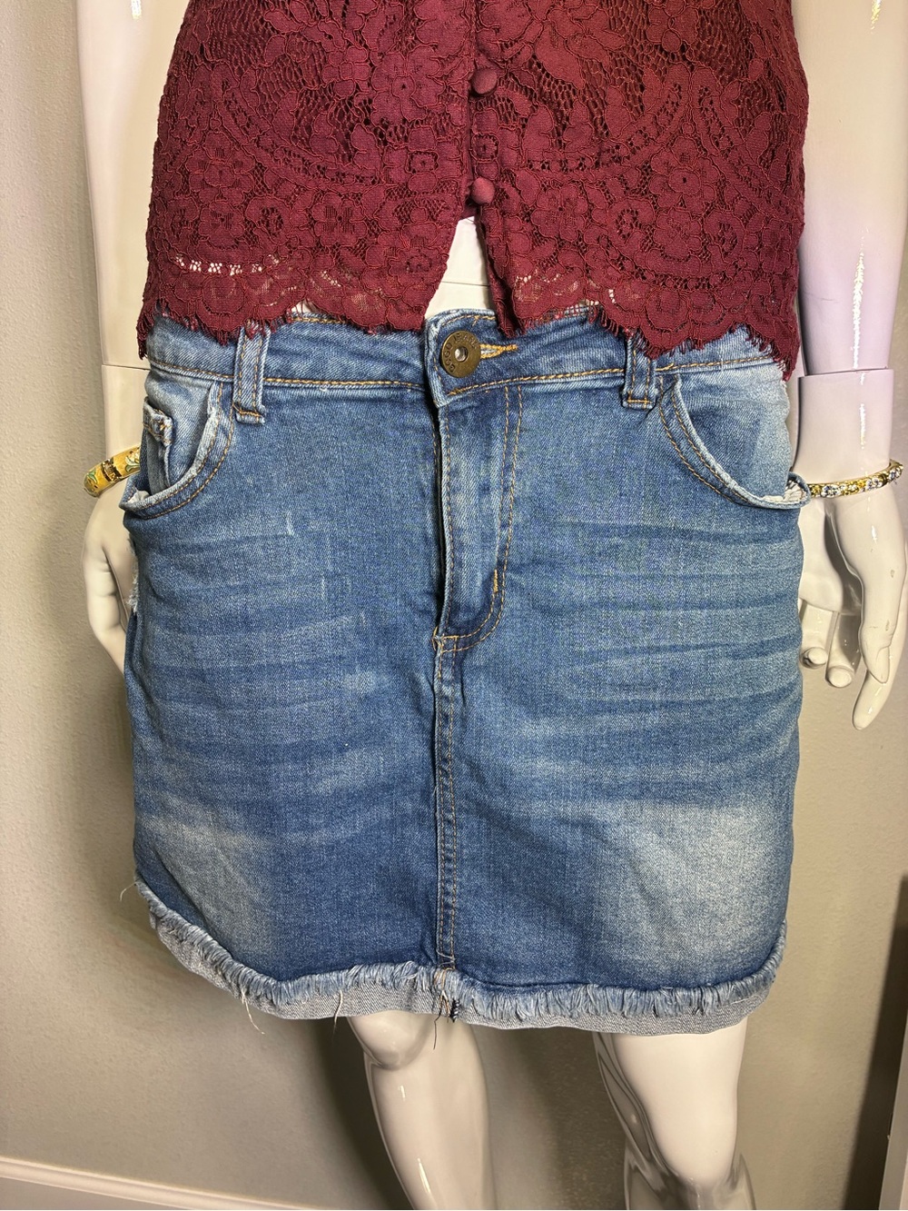 GOGO Light Blue Denim Mini Skirt with Frayed Hem